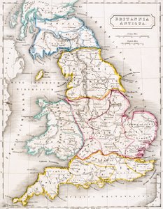 Mapa Anglie, Britannia Antiqua, z „Atlasu starověké geografie“, od Samuela Butlera, publikovaná v Londýně kolem roku 1829